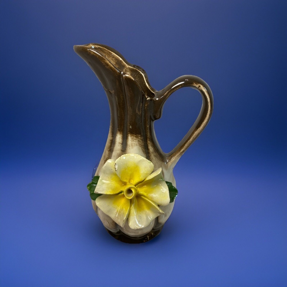 Vintage Capodimonte Porcelain Vase Brown With Yellow Rose 5.8" Tall